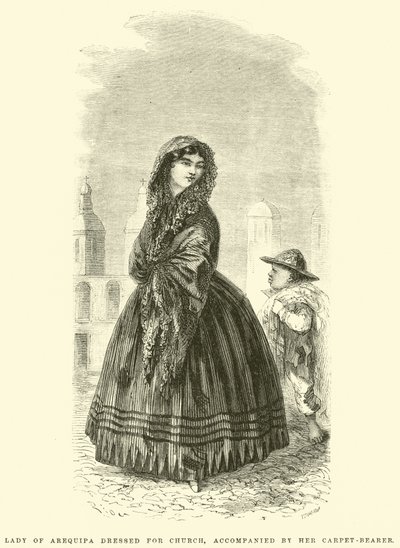 教会の服を着たアレキパの女性、カーペットの持ち主を伴う 作： Edouard Riou